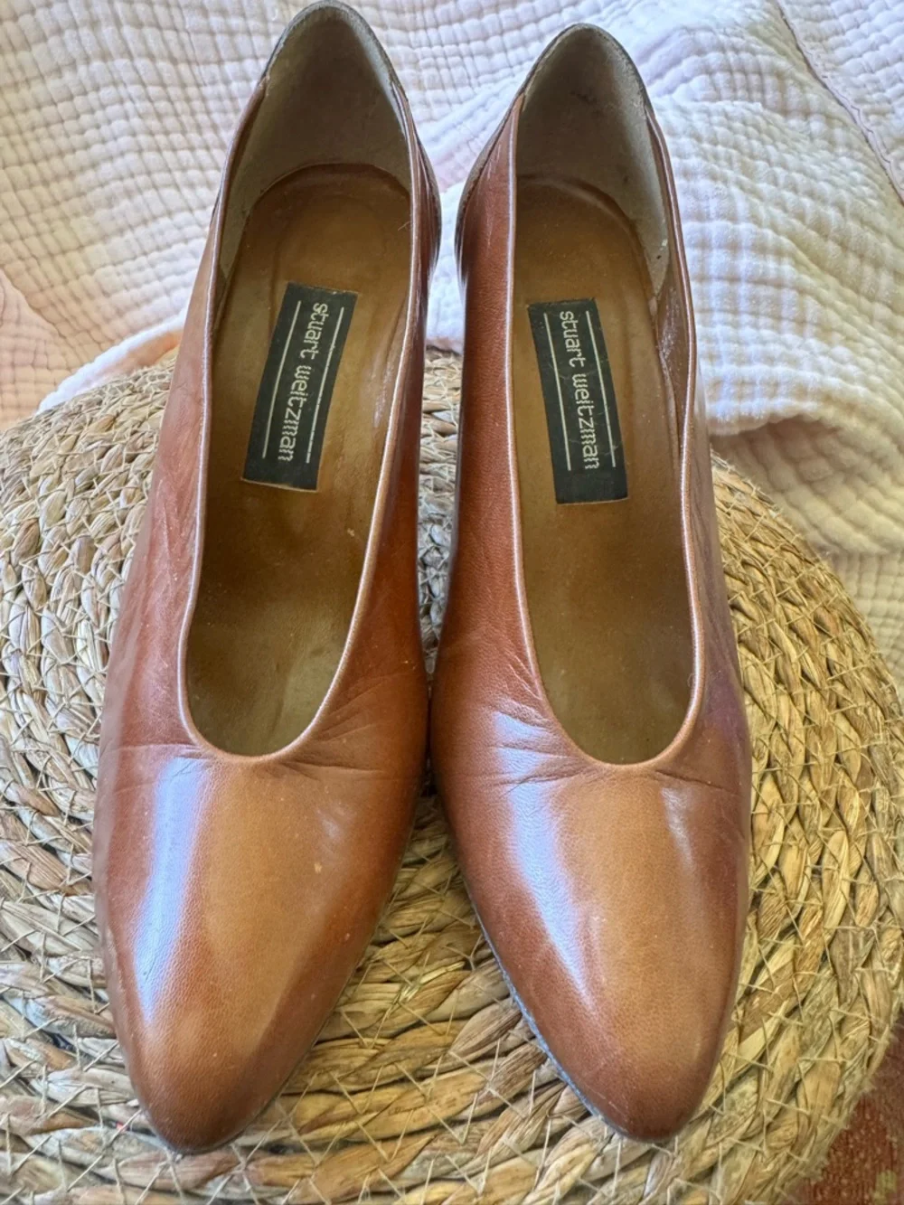 Vtg Stuart Weitzman Cognac Brown Leather Pointed-Toe Flats with snakeskin Heel - Picture 5 of 8